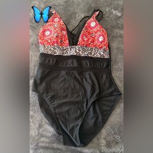 Floral and Leopard Print Swimsuit - XL